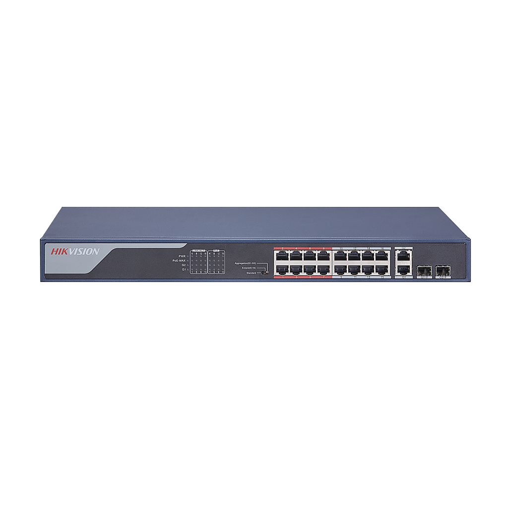 DS-3E0318P-E(C) - Switch Hikvision 16 puertos PoE 10/100M RJ45, 2 puertos Gigabit RJ45, 2 puertos Gigabit SFP, 230W