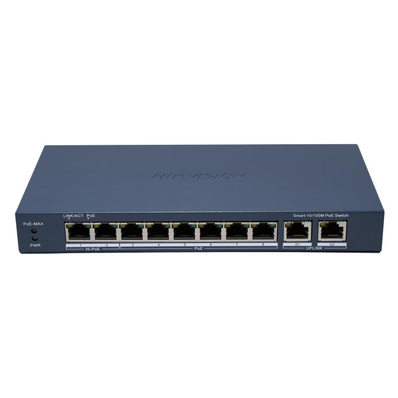DS-3E1310HP-EI(B) - Switch inteligente Administrado 8 puertos 100Mbps PoE + 2 puertos RJ45 Gigabit Hi-Poe