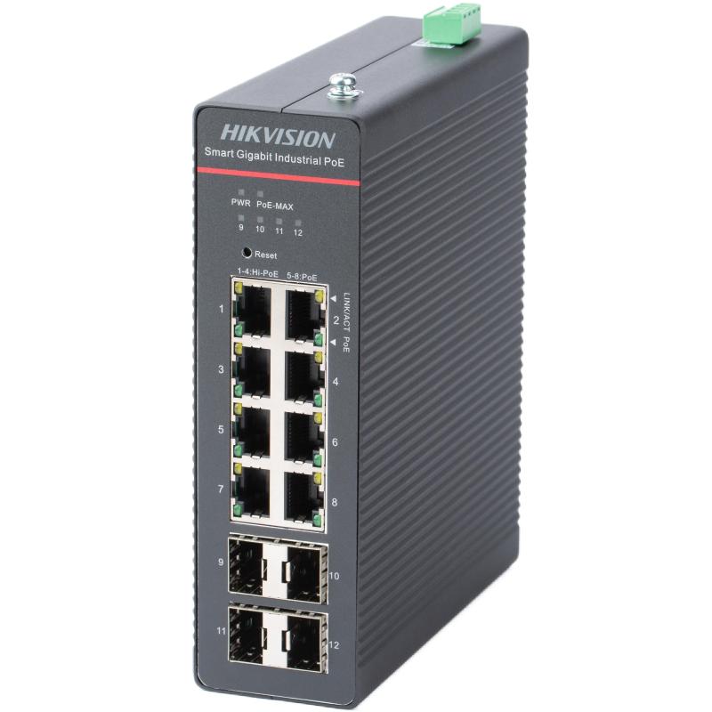 DS-3T1512HP-SI-8P4F - Switch PoE industrial inteligente administrado de 8 puertos Gigabit 4 puertos SFP