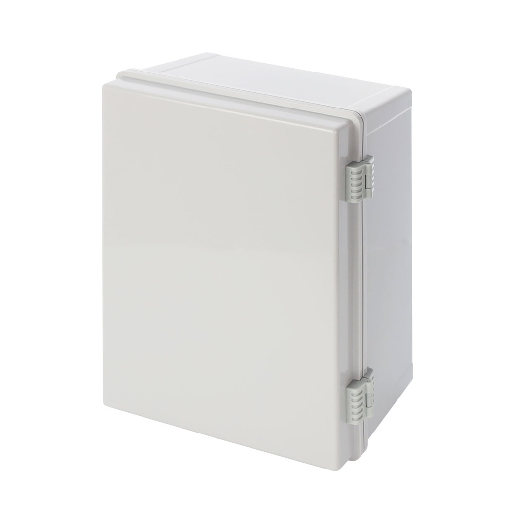 AWB403020 - Caja de ABS 400x300x200, impermeable con bisagras plásticas de cierre y placa base