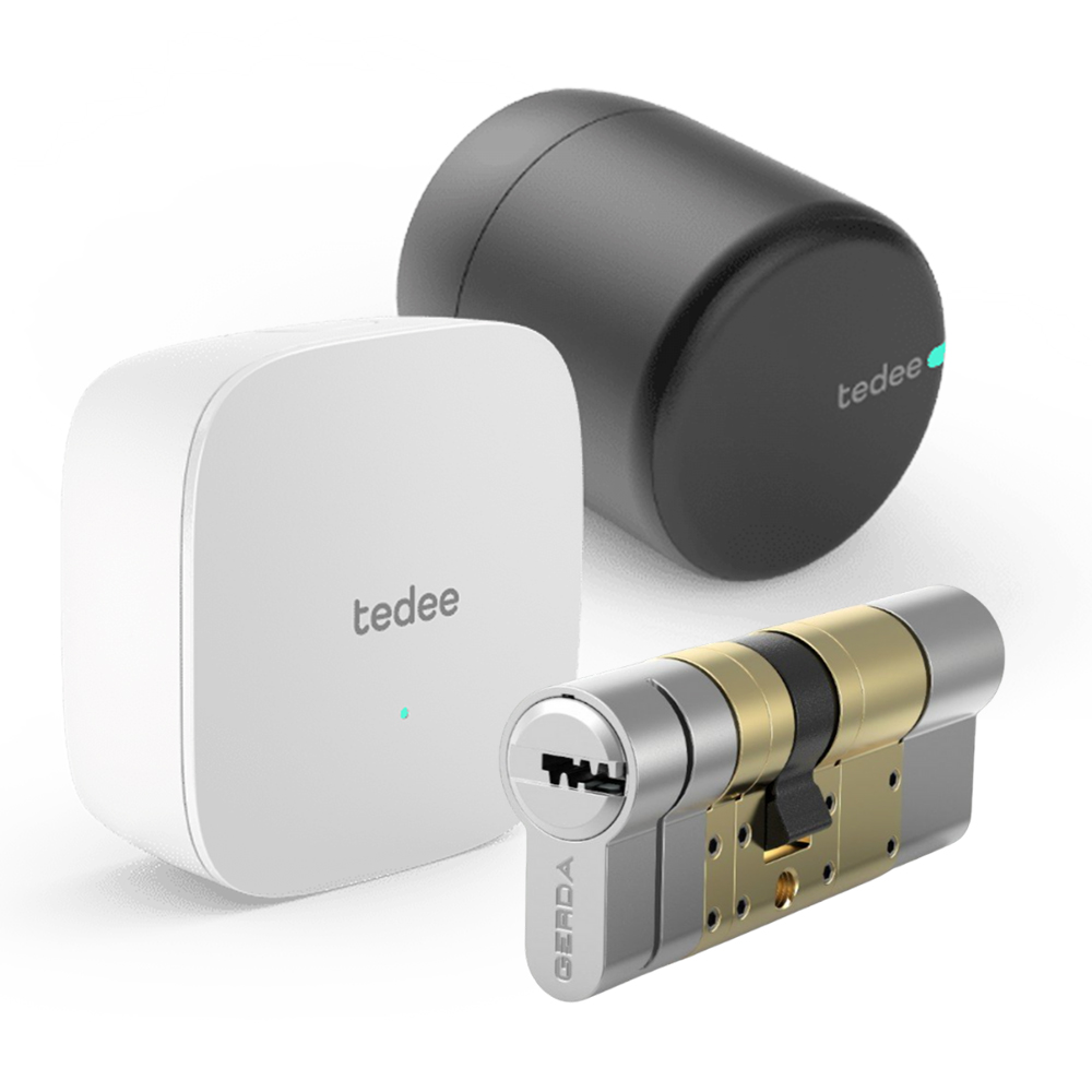 PRO+BOMBILLO+BRIDGE - Cerradura inteligente Tedee PRO Black + Cilindro Bombillo Gerda Doble Embrague + Brigde Wi-Fi