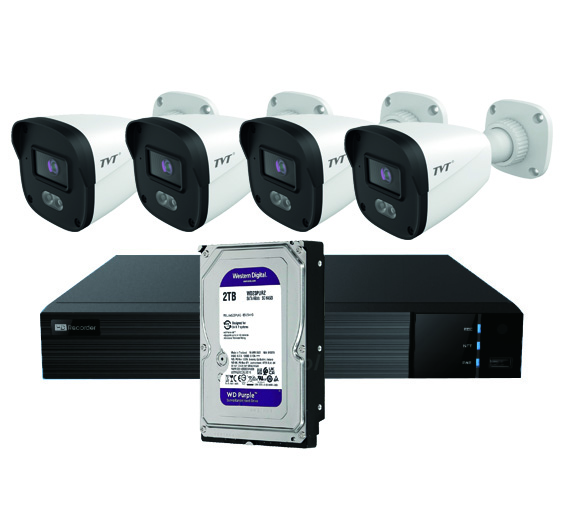 KIT BULLET IP TVT 4CH - Kit CCTV IP NVR 4CH PoE + 4 Bullets 4MP 2.8mm + HD2TB