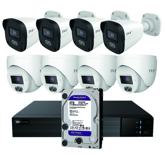 KIT BULLET/DOMO IP TVT 8CH - Kit CCTV IP NVR 8CH PoE + 4 Domos 4MP 2.8mm + 4 Bullets 4MP 2.8mm + HD4TB