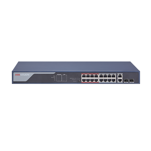 [HIK-T&D-48] DS-3E0318P-E(C) - Switch Hikvision 16 puertos PoE 10/100M RJ45, 2 puertos Gigabit RJ45, 2 puertos Gigabit SFP, 230W