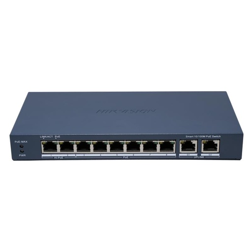 [HIK-T&D-183] DS-3E1310HP-EI(B) - Switch inteligente Administrado 8 puertos 100Mbps PoE + 2 puertos RJ45 Gigabit Hi-Poe
