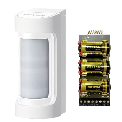 [OPTEX-206] VXS-RAM(W)-AXPRO - Detector doble PIR Exterior. Cobertura 12 m, 90°. Color blanco Optex + Transmisor vía Radio AXPRO Hikvision