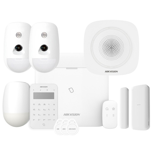 [HIK-ALARM-191] AXPRO-96-2CAM-PIR-M-K-S-R - Kit AXPRO 868MHz 96 zonas Hikvision Panel + 2 PIRCAM + PIR + Mando + Teclado Lector de Tags + Contacto + Sirena