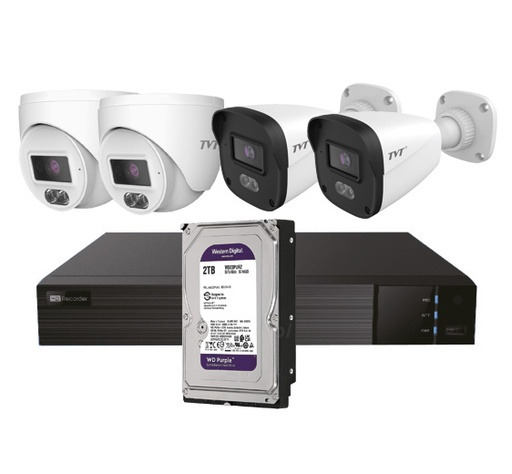 [TVT-347] KIT BULLET/DOMO IP TVT 4CH - Kit CCTV IP NVR 4CH PoE + 2 Domos 4MP 2.8mm + 2 Bullets 4MP 2.8mm + HD2TB