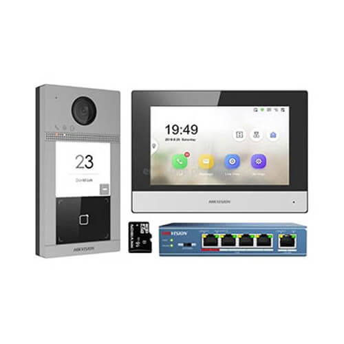[HIK-INTERCOM-186] DS-KIS604-S(C) - Kit de videoportero IP residencial Placa exterior Monitor switch PoE  4 puertos MicroSD 16GB